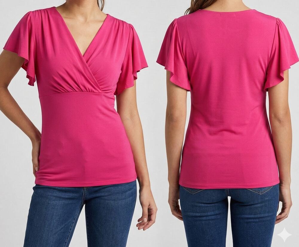Grace Karin Small Pink V Neck Flutter Sleeve Top Polyester Blend
